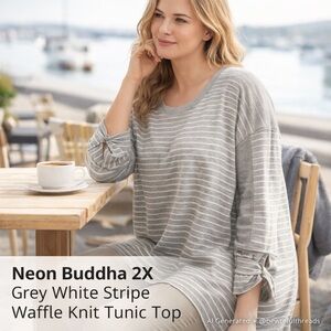 Neon Buddha 2X Grey White Stripe Waffle Knit Tunic Top